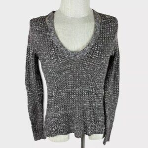 American Eagle Sweater XS Brown V Neck Flecks of White Asymmetrical Hem